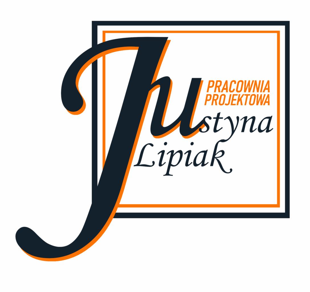 Logo Pracowni Projektowej Justyna Lipiak, z dużą literą 'J' w kolorze granatowym, obramowanie pomarańczowe.