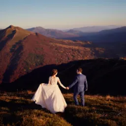 Para młoda trzymająca się za ręce, idąca po szczycie góry z widokiem na rozległe, zalesione wzgórza w promieniach zachodzącego słońca.