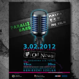 Plakat informujący o koncercie charytatywnym w klubie Od Nowa w Toruniu, z datą 3 lutego 2012, z udziałem zespołów Paraliz Band, Małpa, B.O.K i MC Silk, zawieszony na szarej ścianie.