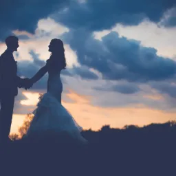 Silhouettes of a bride in a ruffled gown and groom holding hands at sunset, with dramatic cloudy sky.
