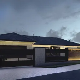 Wizualizacja nowoczesnego domu jednorodzinnego z płaskim dachem i elewacją oświetloną listwami LED, widoczny czarny płot z bramą wjazdową, tabliczka adresowa z podświetleniem, samochód w garażu...