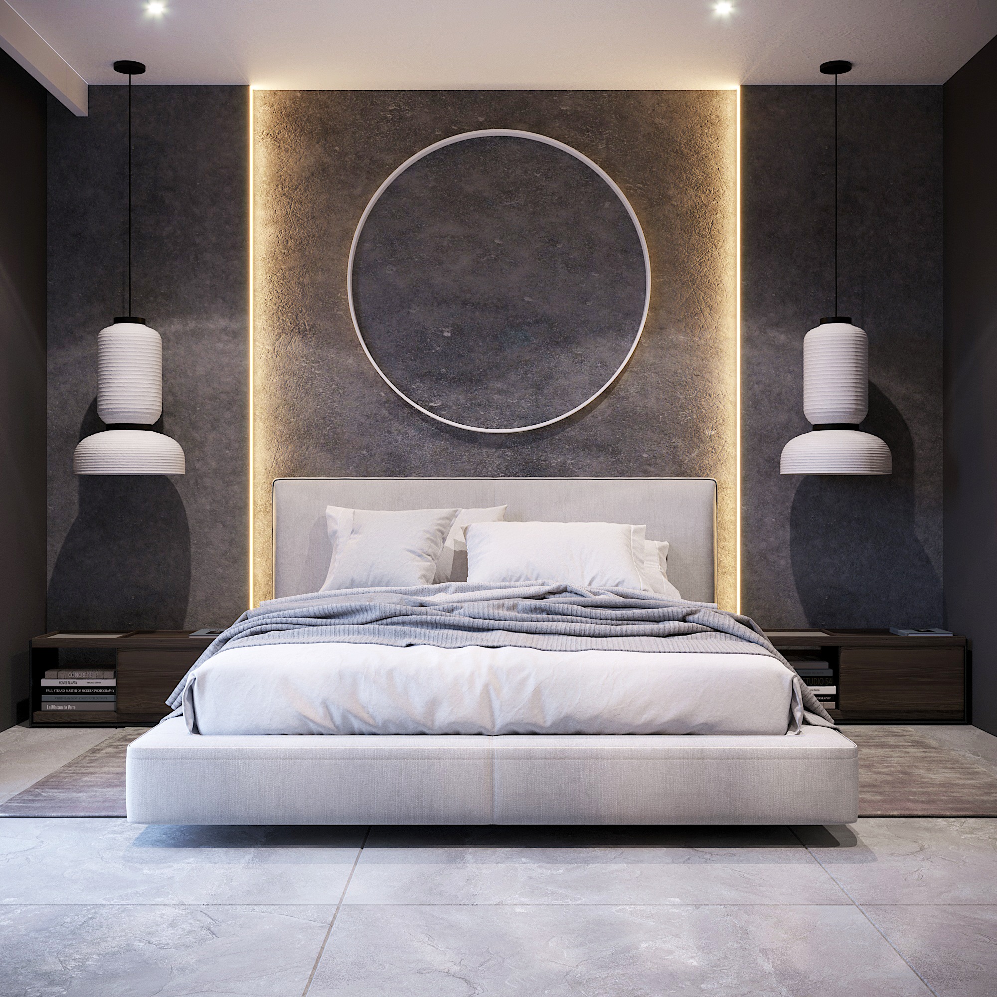 Nowoczesna sypialnia z łóżkiem kontynentalnym, betonową ścianą z podświetleniem LED i okrągłym elementem dekoracyjnym, wiszące lampy po bokach, minimalistyczne szafki nocne i szara podłoga.