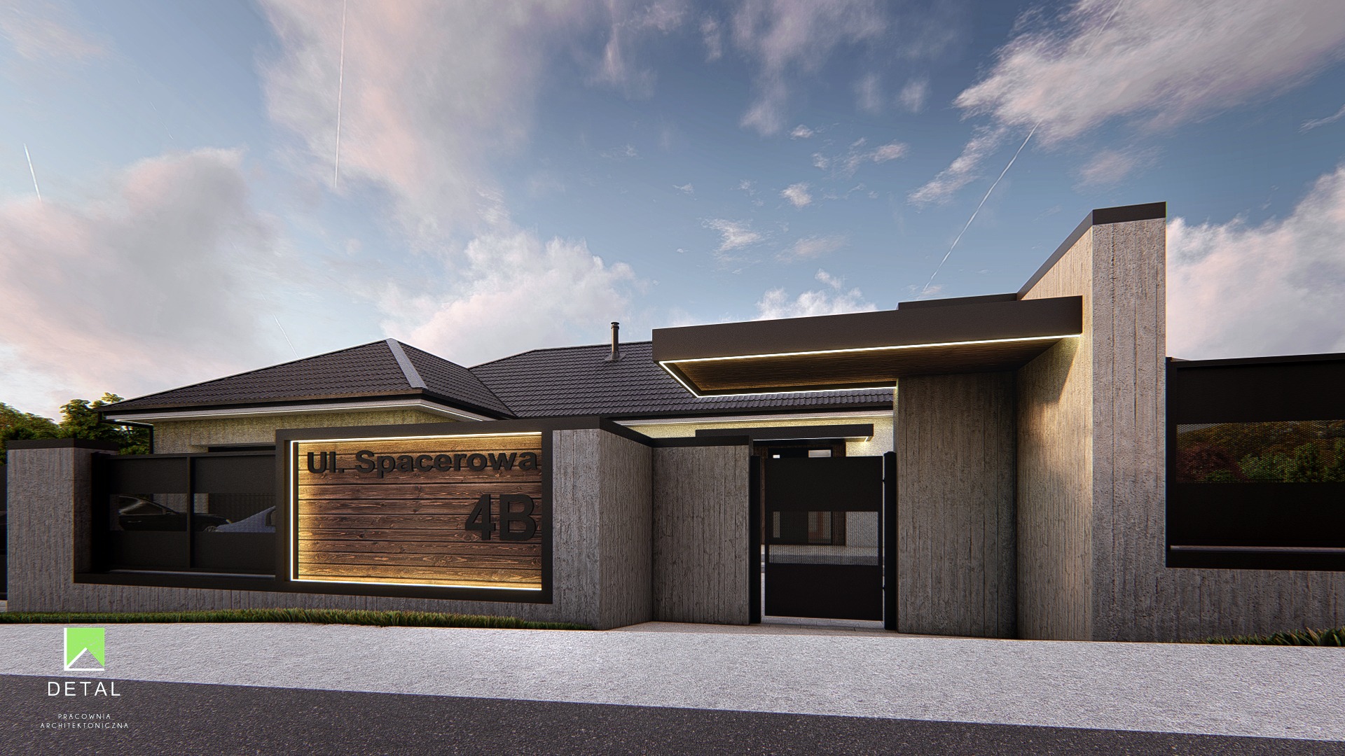 Wizualizacja nowoczesnego domu jednorodzinnego z płaskim dachem i elewacją z betonu architektonicznego, oświetlona tablica adresowa z drewnianym tłem i numerem 4B przy ulicy Spacerowej.
