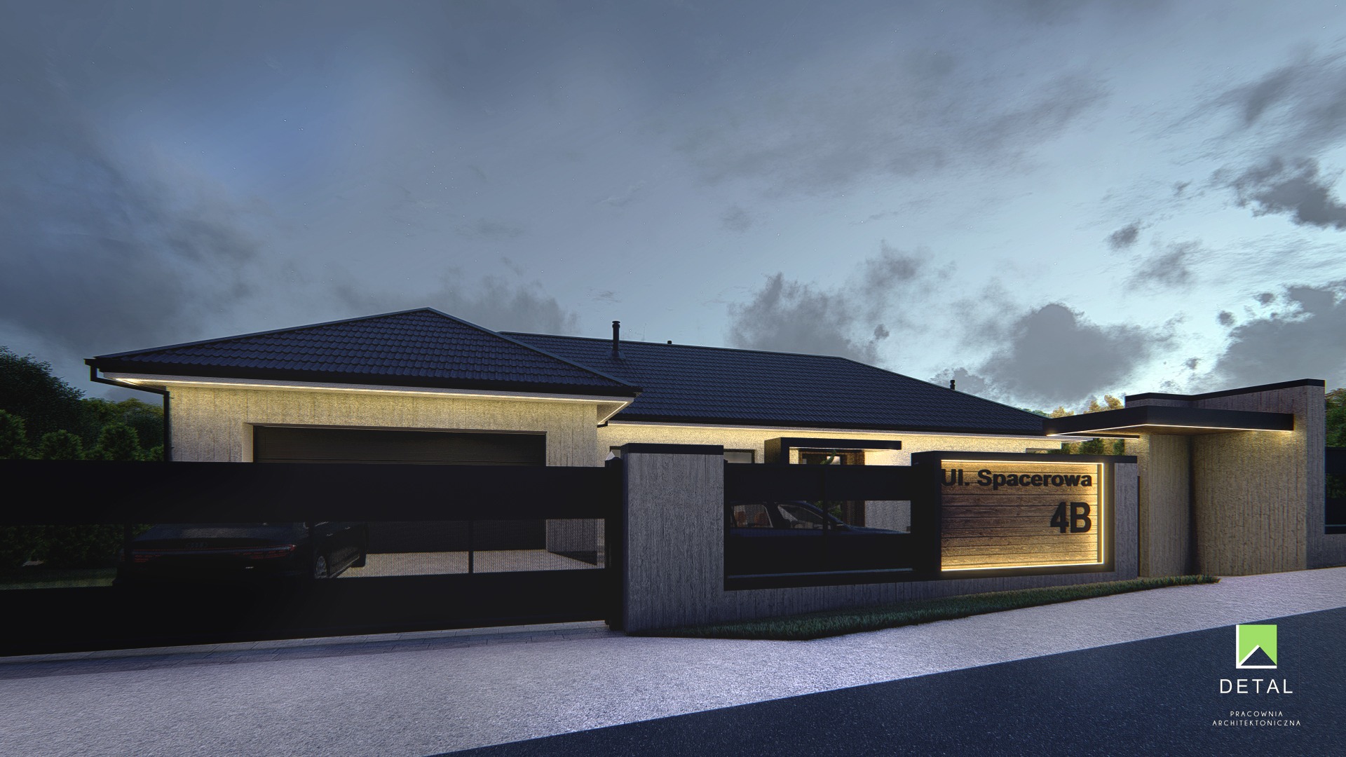 Wizualizacja nowoczesnego domu jednorodzinnego z płaskim dachem i elewacją oświetloną listwami LED, widoczny czarny płot z bramą wjazdową, tabliczka adresowa z podświetleniem, samochód w garażu...