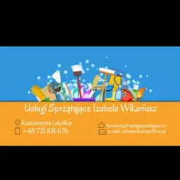 Grafika reklamowa firmy sprzątającej Izabela Wikariusz z Kościerzyny, prezentująca różnorodne narzędzia do sprzątania na niebieskim tle, poniżej dane kontaktowe na pomarańczowym tle.