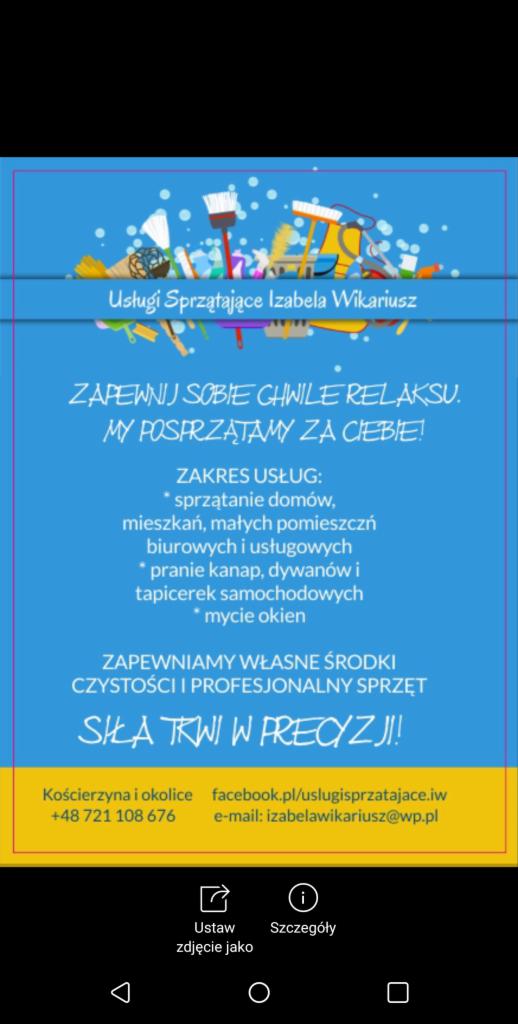 Grafika reklamowa firmy sprzątającej Izabela Wikariusz z Kościerzyny, oferującej sprzątanie domów, mieszkań, biur, pranie tapicerek i mycie okien, z hasłem 'Zapewnij sobie chwile relaksu. My...