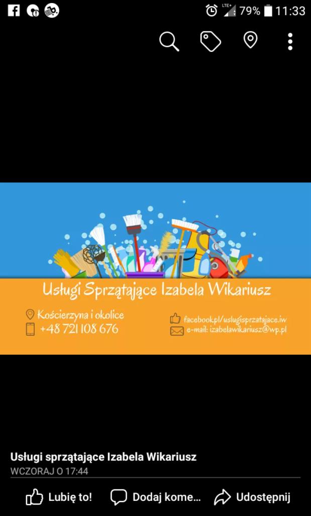 Grafika reklamowa firmy sprzątającej Izabela Wikariusz z Kościerzyny, prezentująca różnorodne narzędzia do sprzątania na niebieskim tle, poniżej dane kontaktowe na pomarańczowym tle.