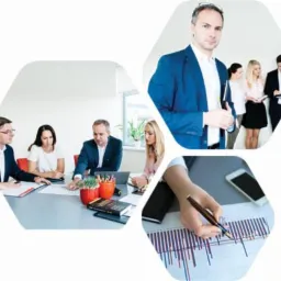 Kompozycja z trzech ujęć: grupa osób w biurze podczas spotkania, mężczyzna w garniturze z zespołem w tle, dłoń analizująca wykresy obok smartfona.