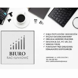 Biuro rachunkowe: wykres słupkowy z napisem PROFIT, oferta usług (księgi, ryczałt, kadry, deklaracje, wnioski) i dane kontaktowe na białym tle z elementami biurowymi.