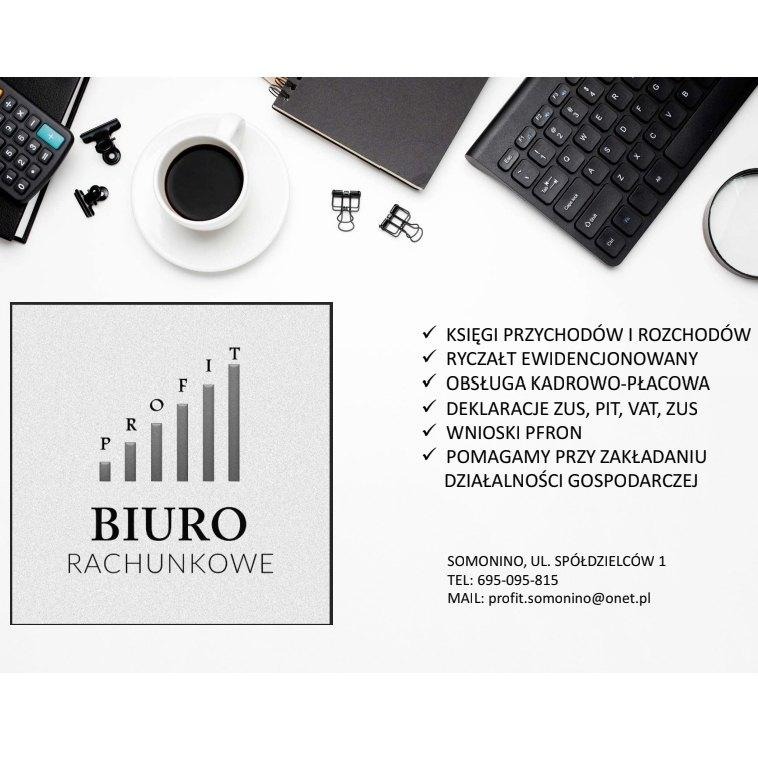 Biuro rachunkowe: wykres słupkowy z napisem PROFIT, oferta usług (księgi, ryczałt, kadry, deklaracje, wnioski) i dane kontaktowe na białym tle z elementami biurowymi.
