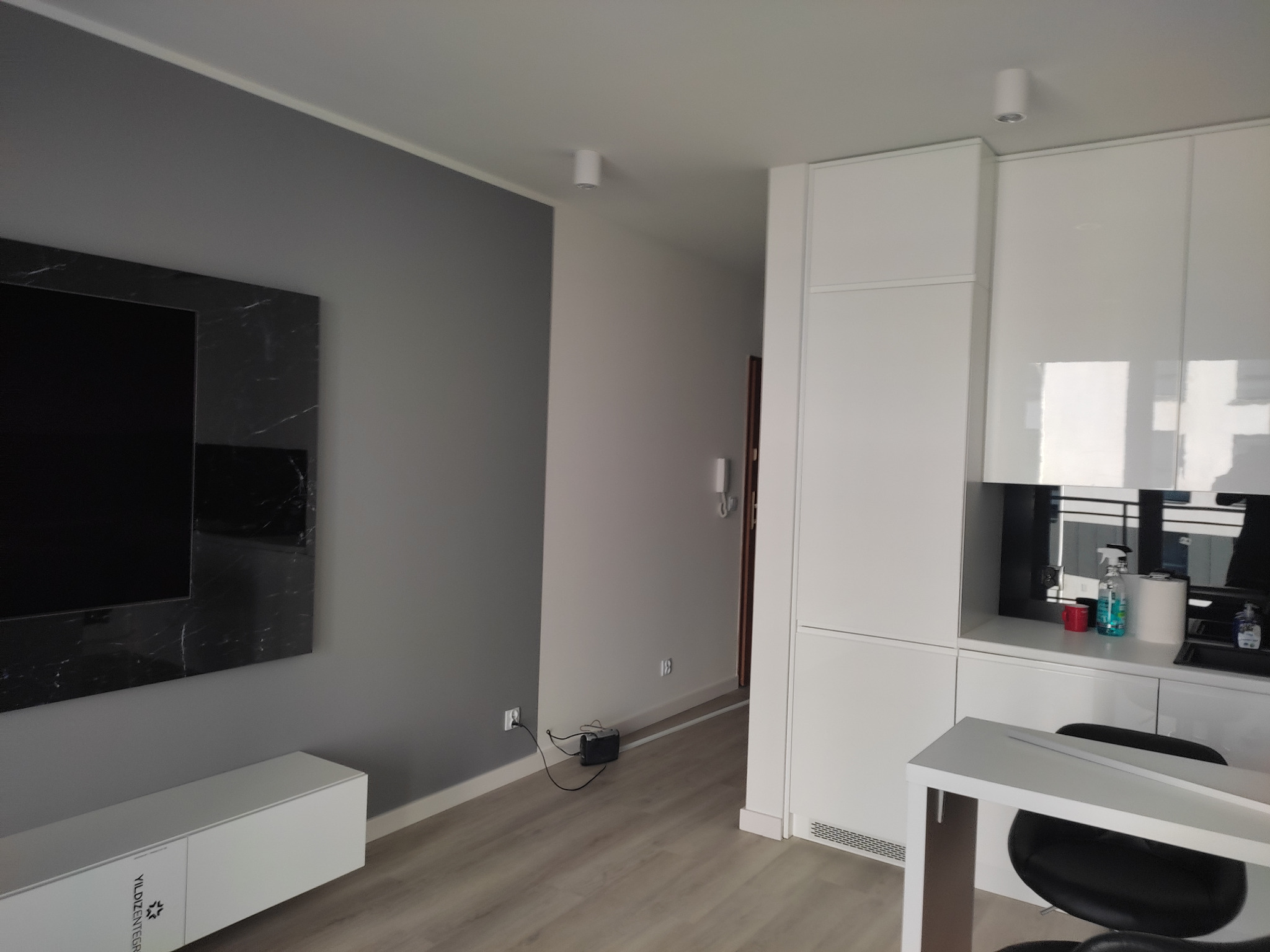 Nowoczesne wnętrze salonu z szarą ścianą, telewizorem w marmurowej obudowie, białymi meblami i drewnianą podłogą.