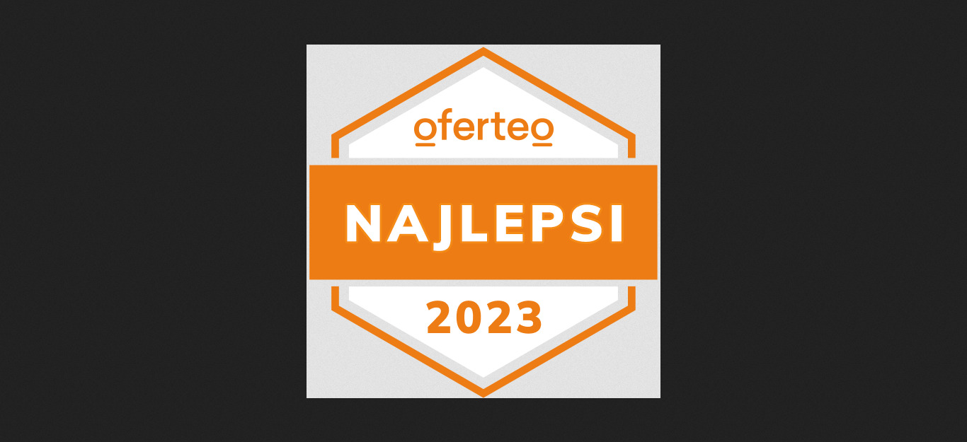 Grafika Oferteo z napisem 'Najlepsi 2023' w pomarańczowo-białej kolorystyce na szarym tle.
