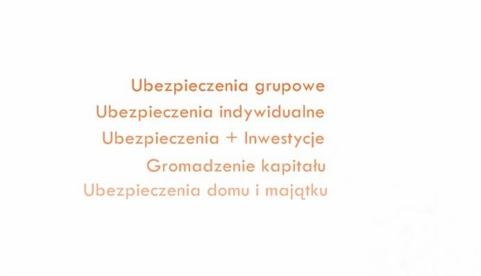 Tekst informacyjny w kolorze beżowym na białym tle, wymieniający różne rodzaje ubezpieczeń i gromadzenia kapitału.