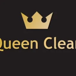 Złote logo firmy sprzątającej Queen Clean z koroną na czarnym tle.