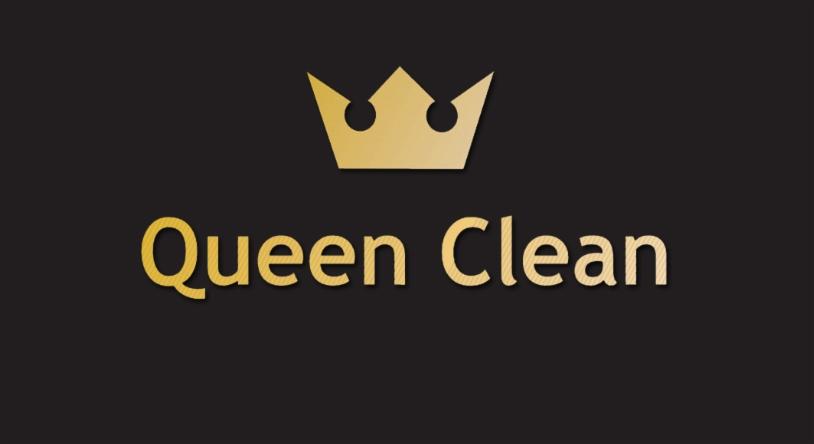 Złote logo firmy sprzątającej Queen Clean z koroną na czarnym tle.