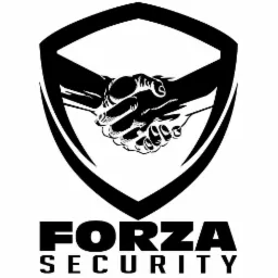 Czarno-białe logo Forza Security przedstawiające uścisk dłoni wewnątrz tarczy.