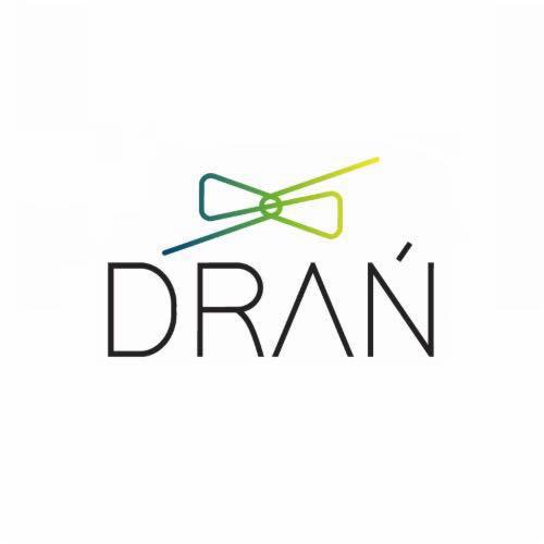 Minimalistyczne logo firmy DRAN z abstrakcyjnym symbolem przypominającym muszkę lub kokardę, w gradientowych odcieniach zieleni i żółci, umieszczone nad nazwą firmy napisaną prostą, czarną czcionką...