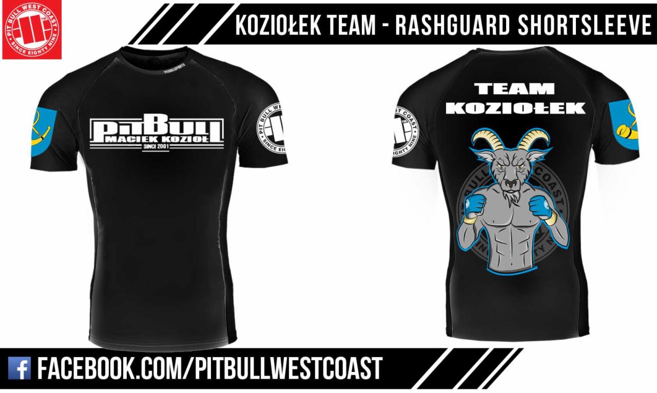 Czarny rashguard z krótkim rękawem z logo Pitbull Maciek Koziołek na przodzie i graficznym wizerunkiem muskularnego kozła z rękawicami bokserskimi na plecach, prezentowany na białym tle.