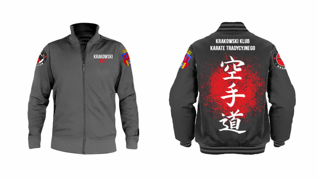 Szara bluza sportowa z logo i napisem 'Krakowski Klub Karate Tradycyjnego' oraz japońskim napisem, widok z przodu i z tyłu.