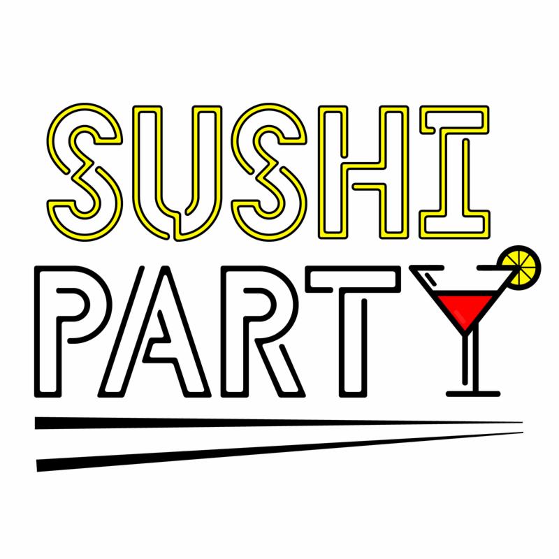 Neonowy napis 'SUSHI PARTY' nad stylizowanym kieliszkiem koktajlowym z cytryną, umieszczony nad dwiema czarnymi, równoległymi liniami.