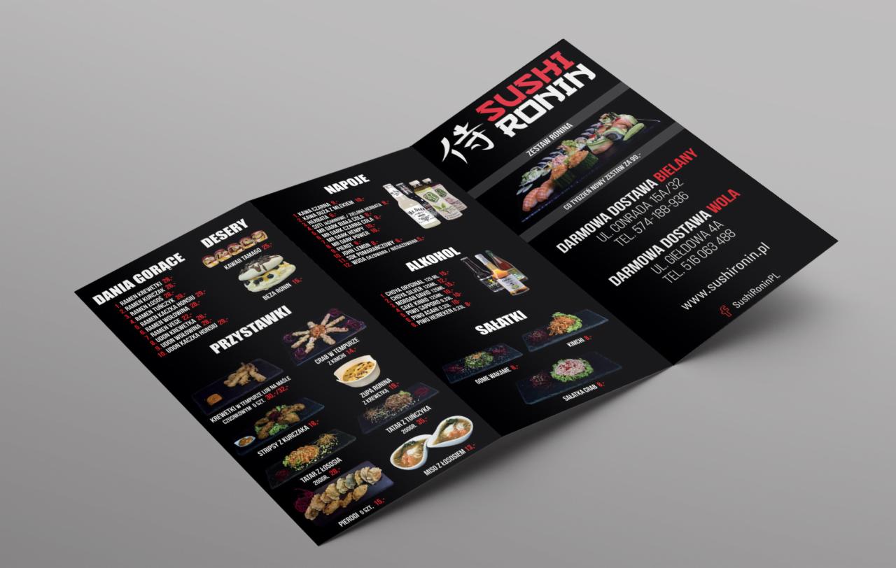 Rozkładana ulotka restauracji Sushi Ronin z ofertą dań, napojów i darmową dostawą na Bielany i Wolę, zawierająca zdjęcia potraw i ceny.