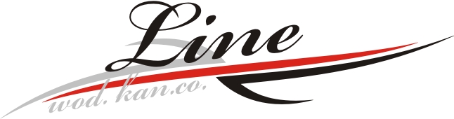 Logo firmy Line wod.kan.co. z ozdobną czcionką, podkreślone czerwoną i czarną linią.