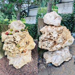 MEGIDO_Serwis - Dwa ujęcia skalniaka z porowatych wapiennych kamieni, na jednym ujęciu z posadzonymi sukulentami, na drugim kamienie ułożone jeden na drugim