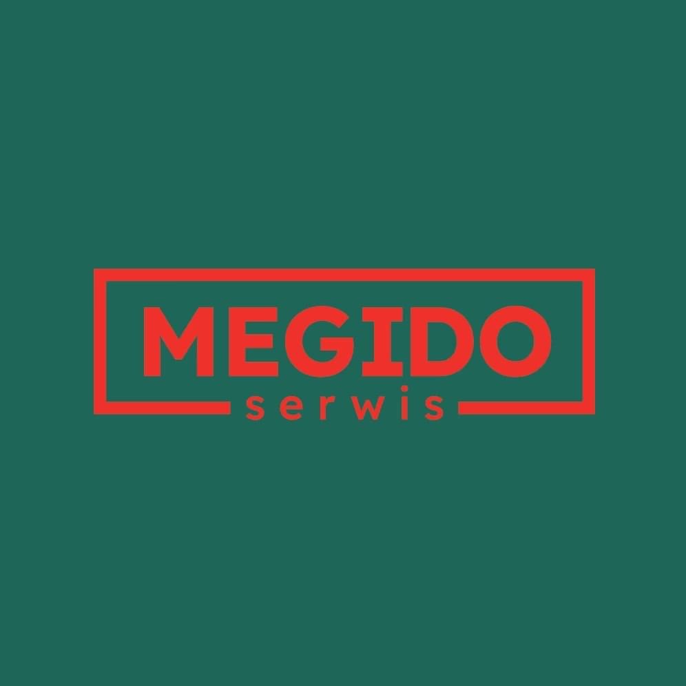 Logo firmy 'MEGIDO serwis' w czerwonej ramce na zielonym tle.