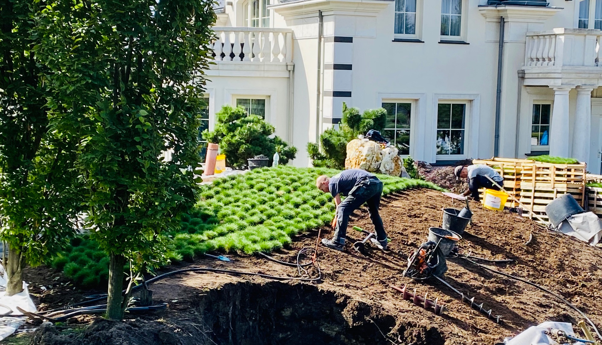 Układanie darni na wzniesieniu przed domem z białymi kolumnami, widoczni dwaj pracownicy, jeden z łopatą, drugi z wiertnicą glebową, obok leżą czarne rury.