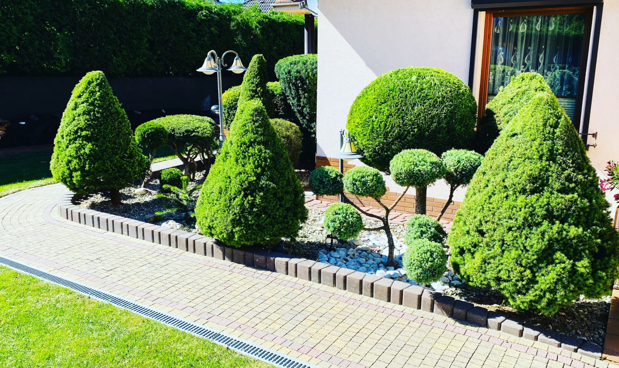 Ogród z równo przystrzyżonymi krzewami w kształcie stożków i kul, ozdobne kamienie, kostka brukowa i trawnik, lampa ogrodowa w tle.