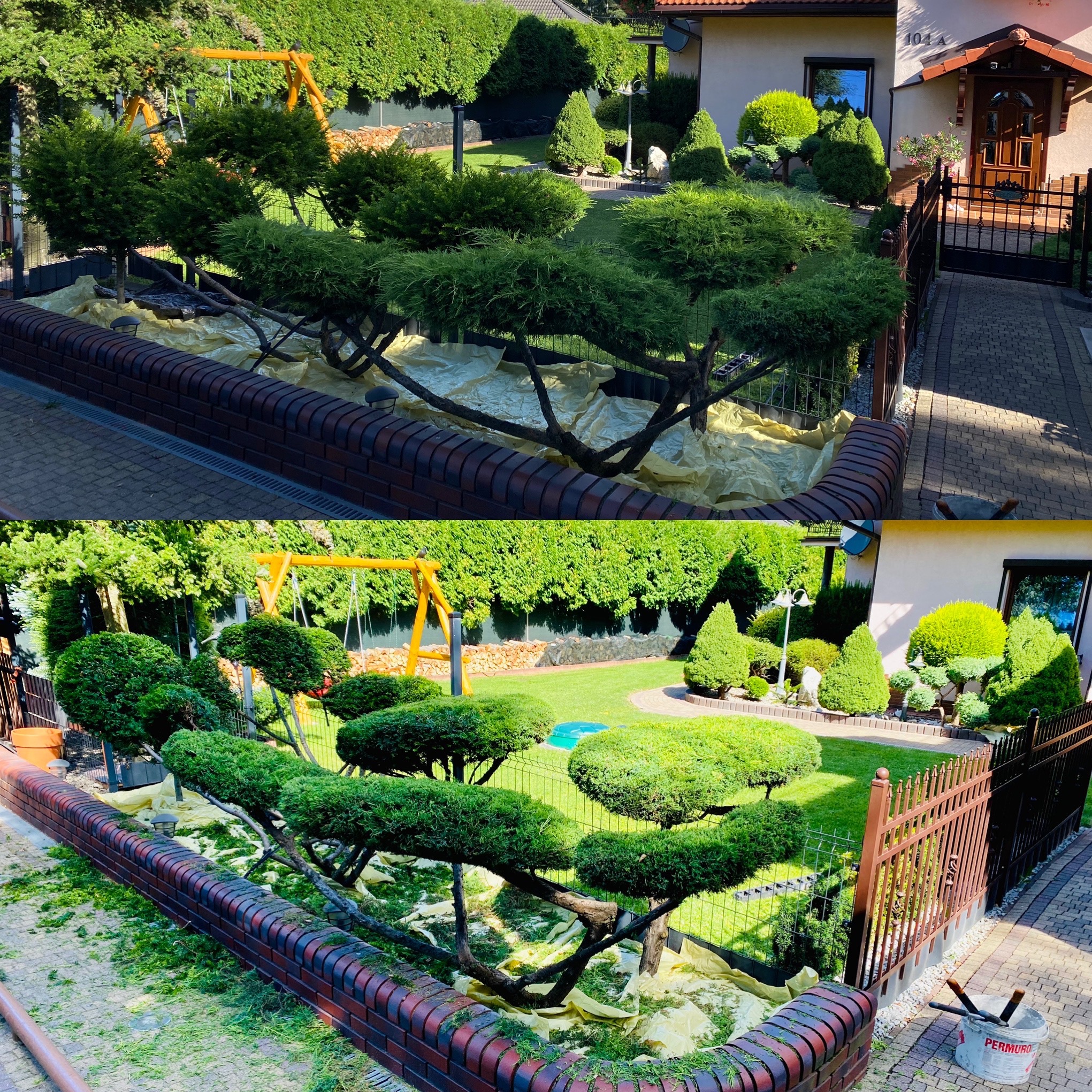 Dwa ujęcia tego samego ogrodu przed i po przycięciu ozdobnych drzewek bonsai w niskiej ceglanej rabacie, widoczny trawnik, huśtawka i zadbany żywopłot.