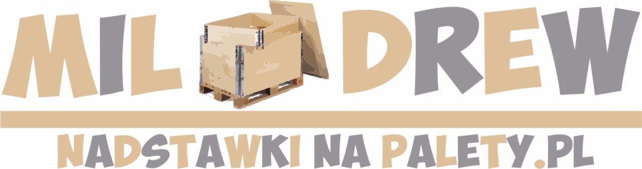 Grafika wektorowa przedstawiająca logo firmy Mil Drew Nadstawki Na Palety.pl, ukazujące drewnianą nadstawkę paletową na palecie, z napisem w kolorach beżowym i szarym.