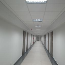 Bauroof Grzegorz Szewczak - Długi korytarz biurowy z białymi ścianami, szarymi drzwiami i podwieszanym sufitem z lampami rastrowymi, lekko zniekształcony perspektywą.