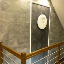 Ściana wewnątrz klatki schodowej z dekoracyjną szarą strukturą, obok prostokątna wnęka w ciemniejszym odcieniu z okrągłą, białą lampą, widoczna drewniana balustrada z metalowymi elementami.