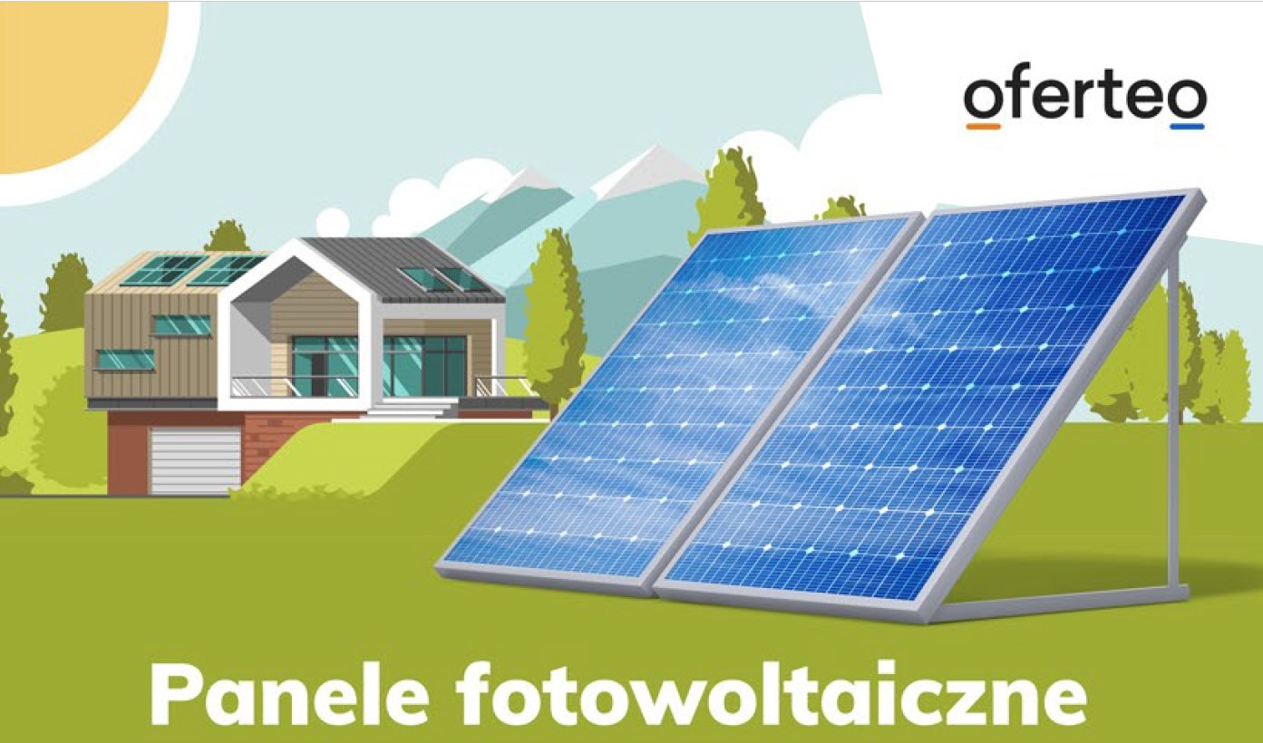 Grafika przedstawia dwa panele fotowoltaiczne na tle nowoczesnego domu z panelami słonecznymi na dachu, z logo Oferteo w prawym górnym rogu.
