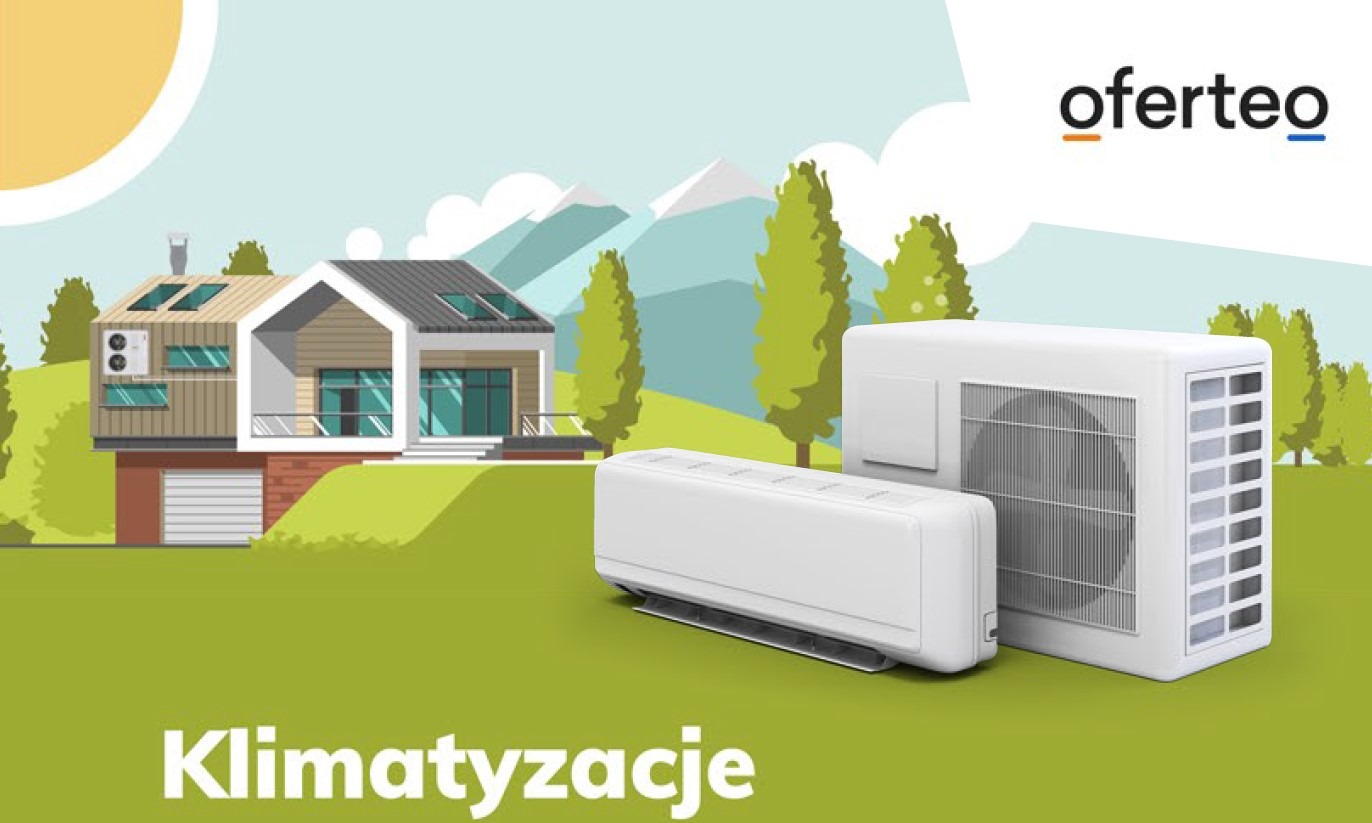 Ilustracja przedstawiająca dom z zamontowaną klimatyzacją, z widoczną jednostką zewnętrzną i wewnętrzną, na tle gór i drzew, z logo Oferteo w prawym górnym rogu.