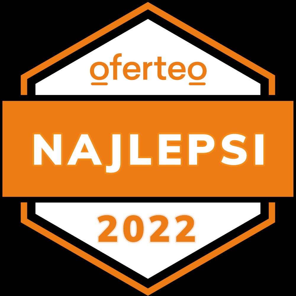 Nagroda Oferteo dla najlepszych firm w roku 2022, pomarańczowo-biały emblemat na czarnym tle.