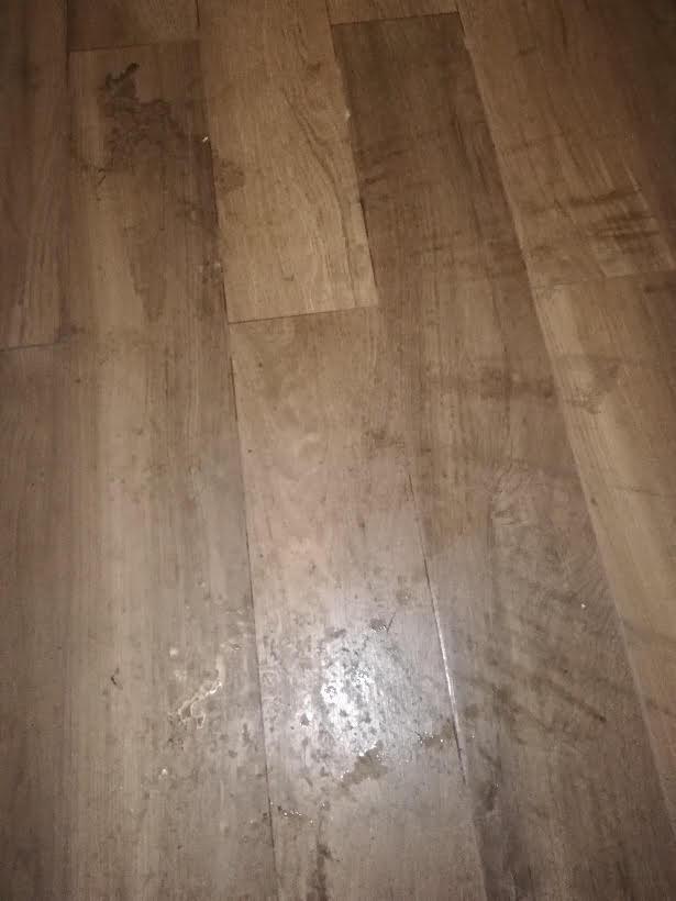 Drewnopodobna podłoga panelowa z wyraźnymi plamami i zaciekami, widoczne ślady po zalaniu lub zabrudzeniach, ujęcie pod kątem.