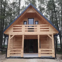 Surowy, drewniany dom z bali z balkonem, widoczne drzewa w tle