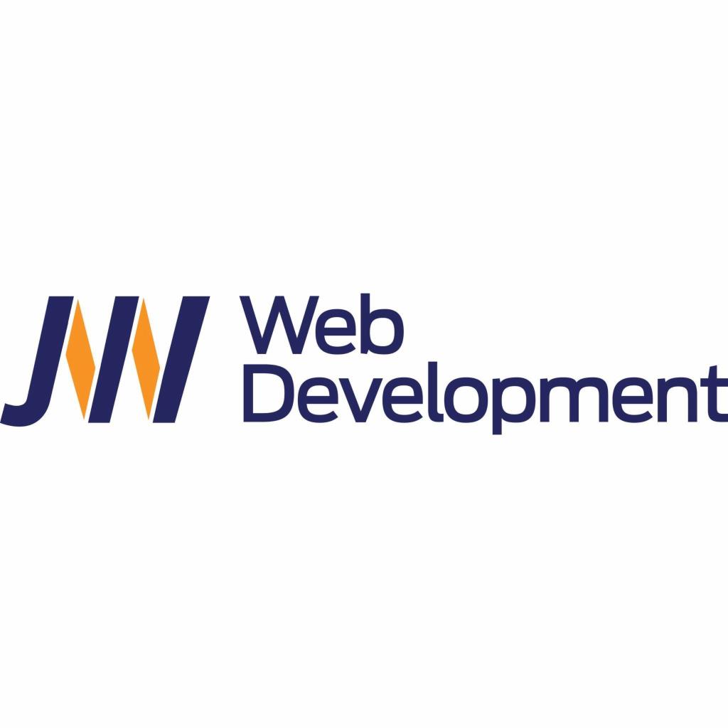 Logo firmy JN Web Development z niebiesko-pomarańczowym znakiem graficznym po lewej stronie i tekstem po prawej, na białym tle.