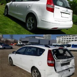 Porównanie: biały Hyundai i30 kombi przed naprawą (uszkodzony tył, potłuczone światła) i po renowacji (czysty, na trawie, dobry stan)