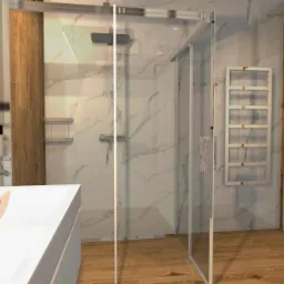 Wizualizacja łazienki z kabiną prysznicową ze szklanymi drzwiami, umywalką nablatową na szafce z szufladami, grzejnikiem drabinkowym i drewnopodobną podłogą oraz akcentami z płytek imitujących marmur.