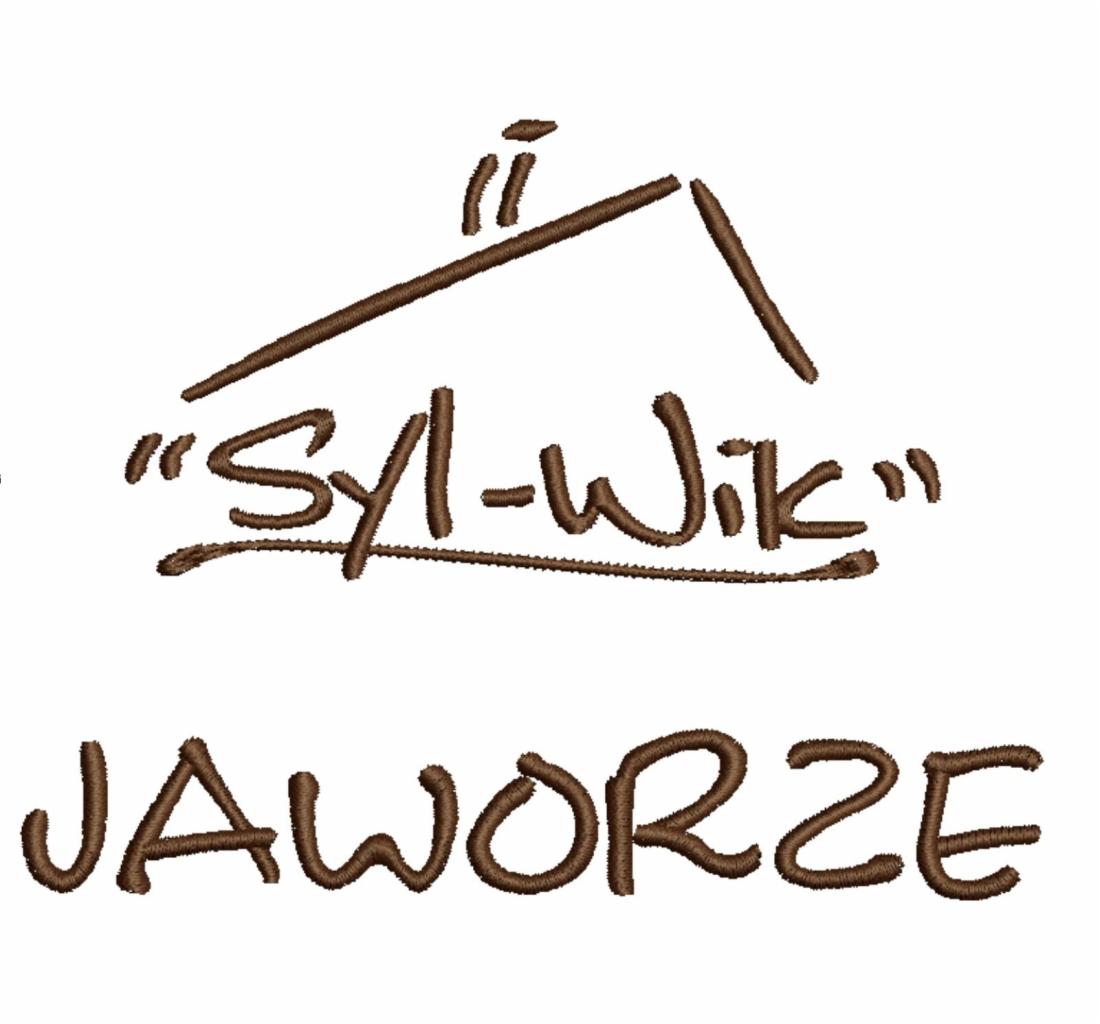 Brązowe logo firmy 'Syl-Wik' Jaworze, stylizowane na haft, z motywem dachu
