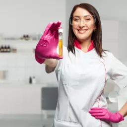 Uśmiechnięta kobieta w okularach ochronnych i różowych rękawiczkach trzyma probówkę z żółtym płynem w gabinecie zabiegowym.