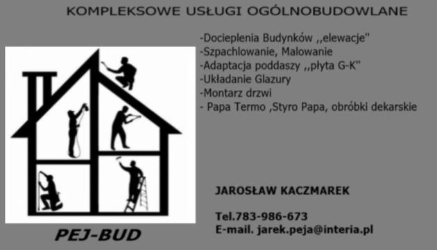 Czarno-biała grafika reklamowa firmy budowlanej przedstawiająca sylwetki pracowników wykonujących różne prace budowlane wewnątrz konturu domu, nazwa firmy PEJ-BUD oraz dane kontaktowe Jarosława...