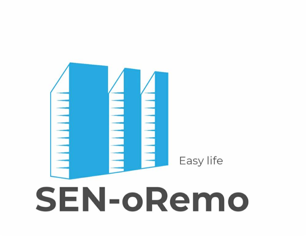 Logo firmy SEN-oRemo z hasłem Easy life, przedstawiające trzy niebieskie budynki w perspektywie.