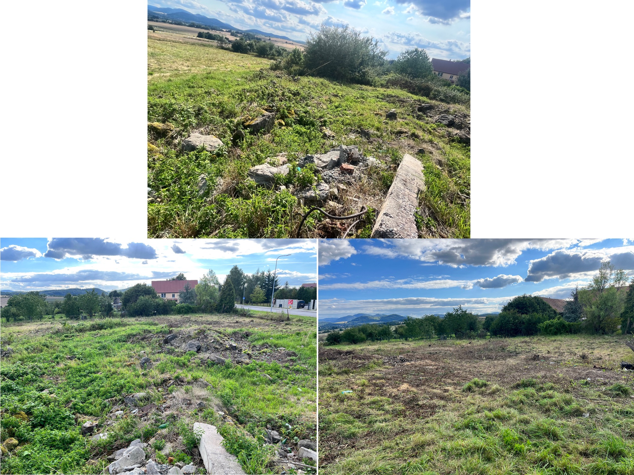 Teren po wycince drzew i krzewów, z widocznymi pozostałościami po pracach ziemnych, gruzem i kamieniami, na tle krajobrazu z budynkami i wzgórzami.