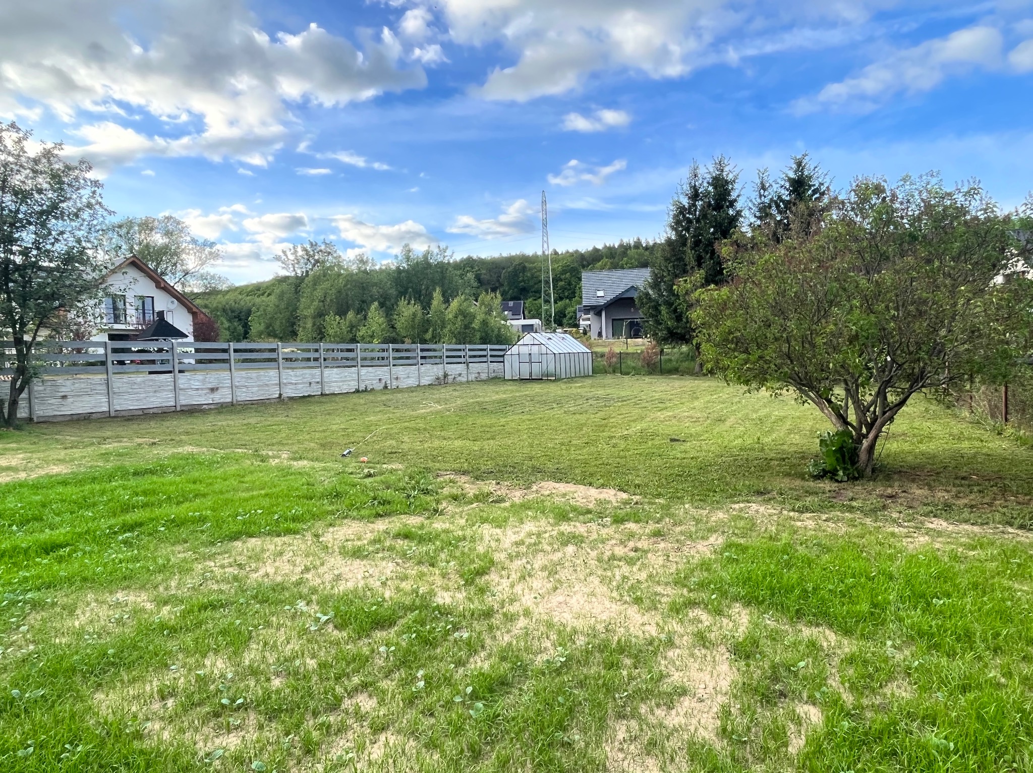 Rozległy trawnik z widocznymi miejscami po niwelacji terenu, ogrodzenie z desek, szklarnia i domy w tle pod błękitnym niebem z chmurami.