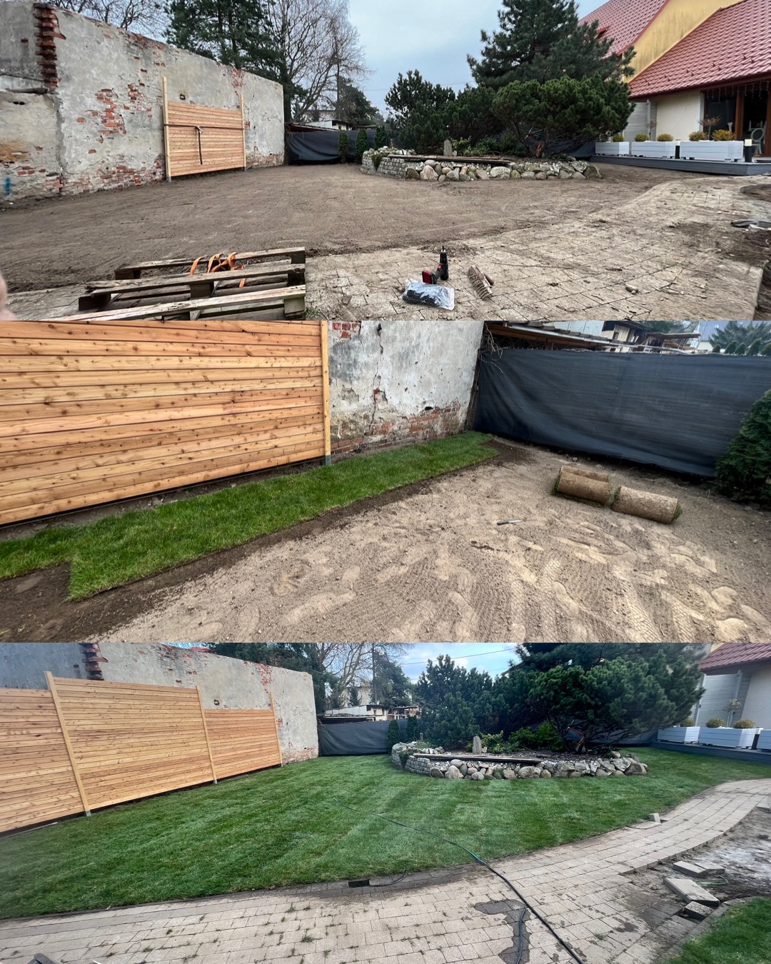 Układanie trawy z rolki w Wałbrzychu, widok na posesję po częściowym rozłożeniu darni, z widocznym fragmentem drewnianego ogrodzenia i przygotowanym podłożem.