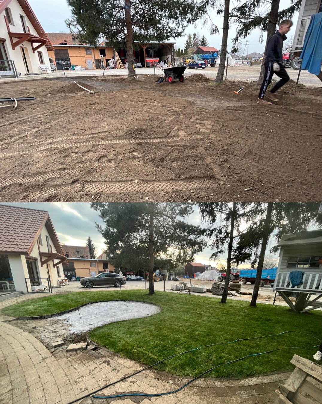 Porównanie stanu przed i po założeniu trawnika z rolki: widok na posesję z nowym trawnikiem, elementami architektury ogrodowej i przygotowanym miejscem pod przyszły ogródek skalny.